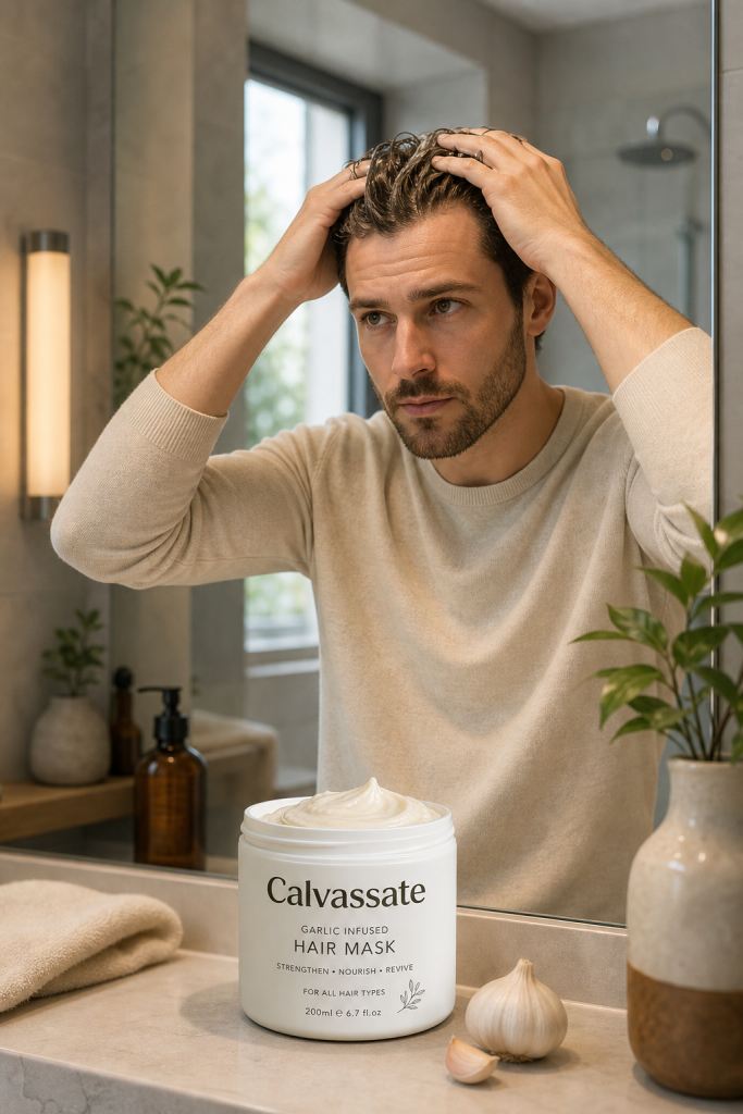 Homme utilisant le soin anti-calvitie La Calvassate.